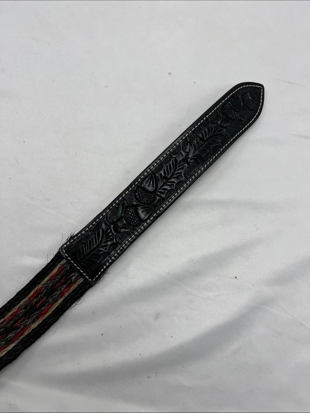 Black and Red Braided Straw Belt with Floral Details